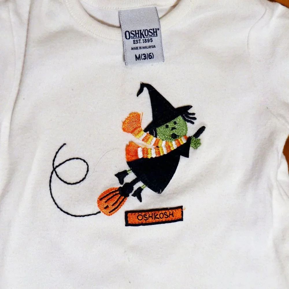 Oshkosh Embroidered Halloween Flying Witch White Long Sleeve T-Shirt Sz 3/6 mo.